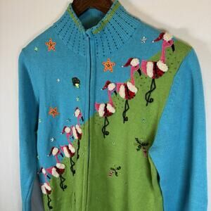 Berek Women’s M Beaded Christmas Cardigan Blue Flamingo Palm Tree Tropical Beach